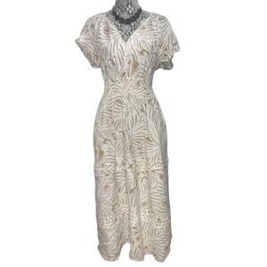 Nicole Miller Linen Maxi Dress POCKETS! Women’s SIZE MEDIUM Cream & Tan